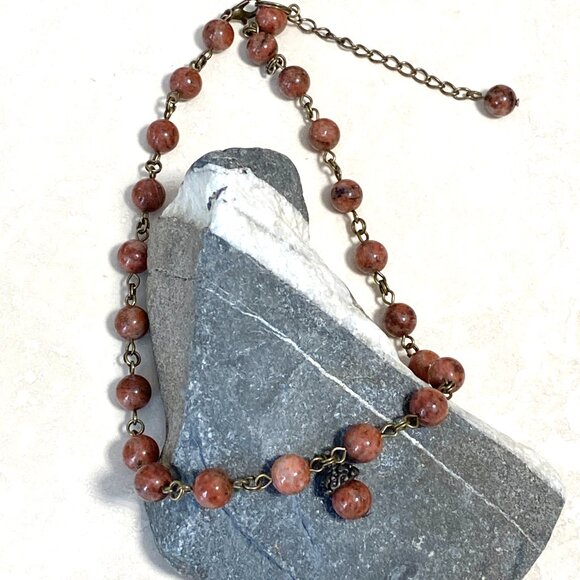 Genuine Red Jasper Short Necklace, Cute Bronze Acorn Charm + Natural Gemstone - Picture 9 of 12